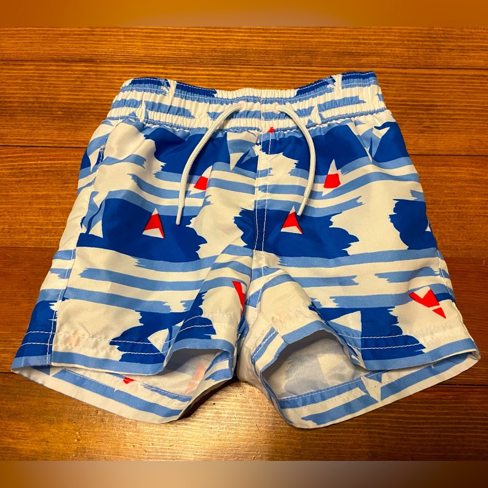 Janie & Jack Red Blue & White Nautical Sail Boat Swim Trunks Size 3-6 Months